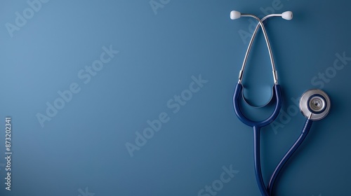 Suspended used stethoscope on a blue background, space for medical text, illustration background