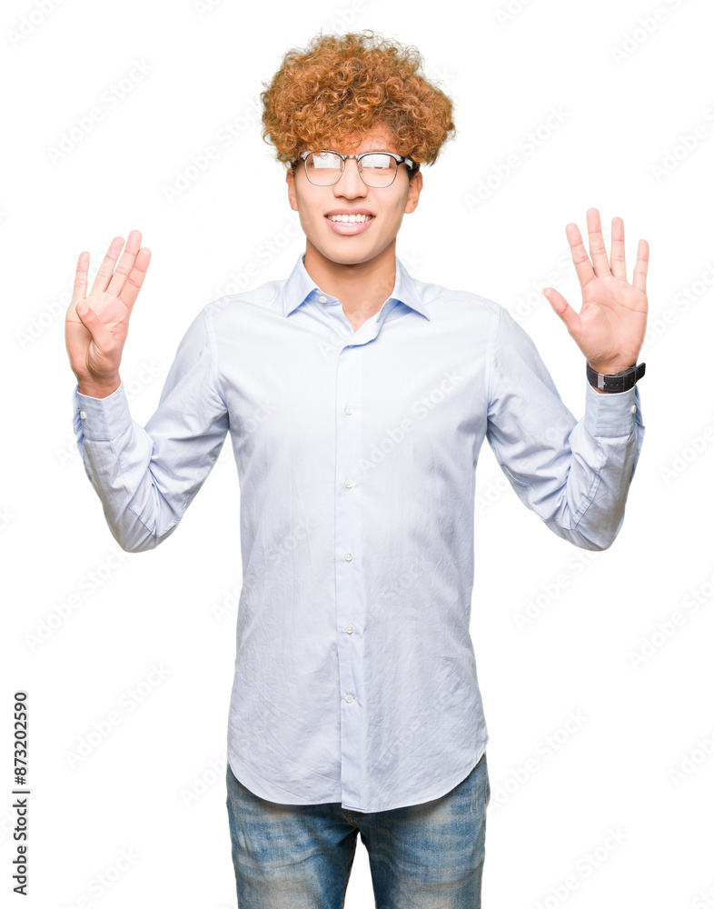 Young handsome business man with afro wearing glasses showing and pointing up with fingers number nine while smiling confident and happy. Young handsome business man with afro wearing glasses showing and pointing up with fingers number nine while smiling confident and happy.