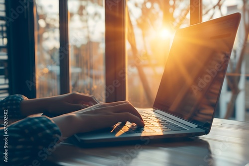 Hands Typing on Laptop at Sunrise