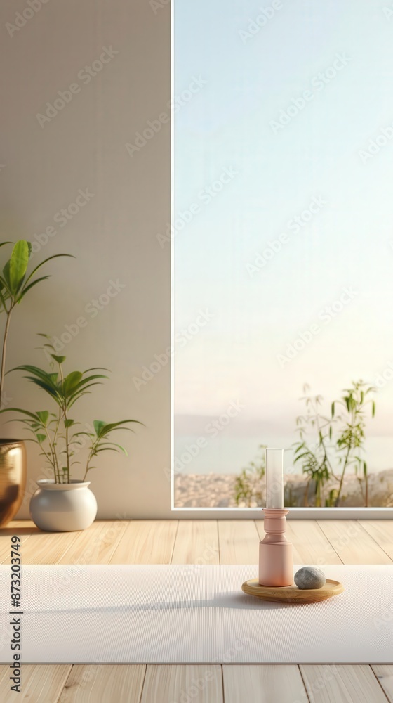 Fototapeta premium blank mock up, wellness at work theme, empty yoga mat, serene office background, calm and inviting