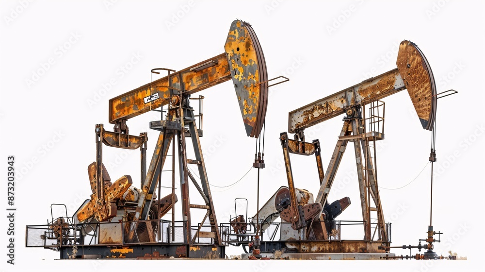High-definition 32k UHD photo of pumpjacks, isolated on white, captured with focus stacking to provide exceptional detail and clarity High-definition 32k UHD photo of pumpjacks, isolated on white, captured with focus stacking to provide exceptional detail and clarity