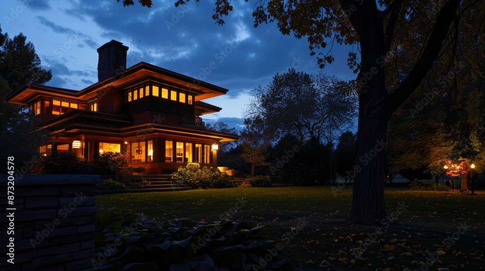 Fototapeta premium Backside Exterior of Illuminated Prairie Style House at Night Showcasing Unique Architectural Design