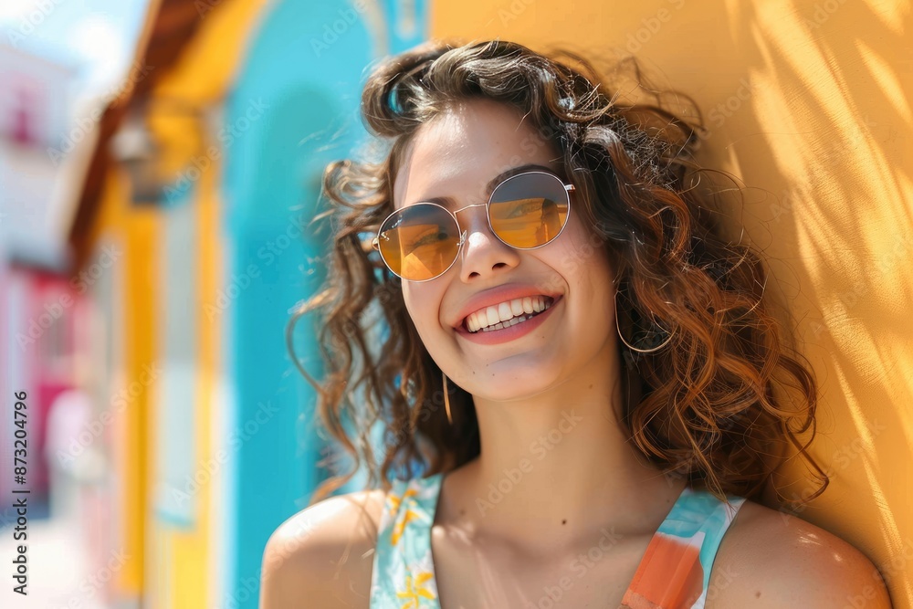 A woman with curly hair is smiling and wearing sunglasses. She is standing in front of a building with a blue and yellow color scheme A woman with curly hair is smiling and wearing sunglasses. She is standing in front of a building with a blue and yellow color scheme