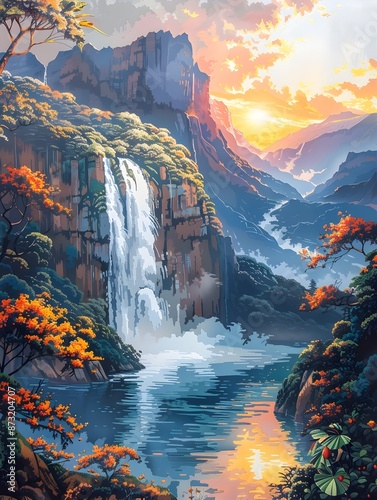 Majestic Waterfall Cascading Through Lush Mountainous Landscape at Sunset