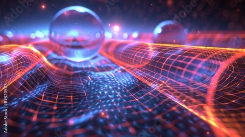 A 3D model of virtual photons traveling between two charged particles in a digital space.