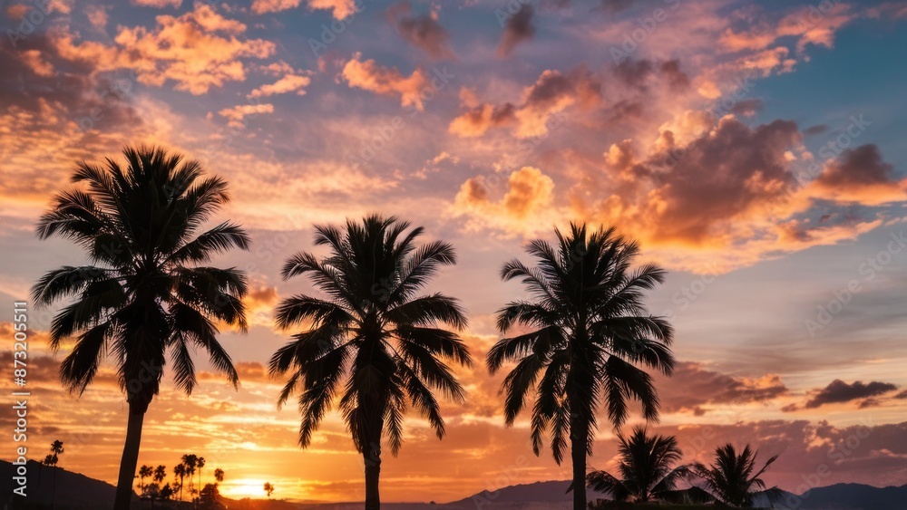 Obraz premium a couple of palm trees in front of a sunset