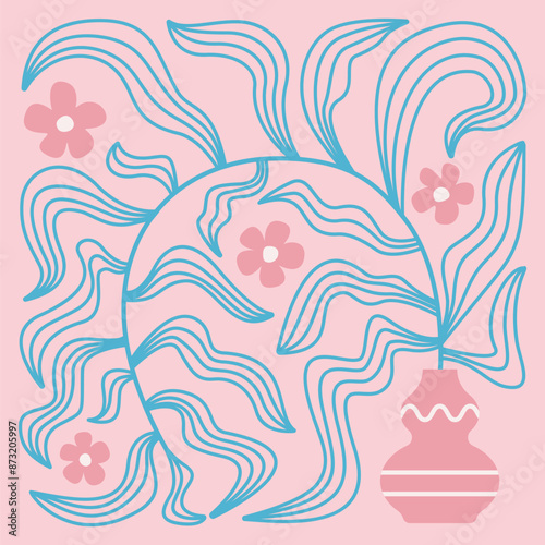 Vector linear illustration of Wavy Plant in the Vase on pink background. Organic Flower and Botanical Art. Design for packaging, prints, decoration
