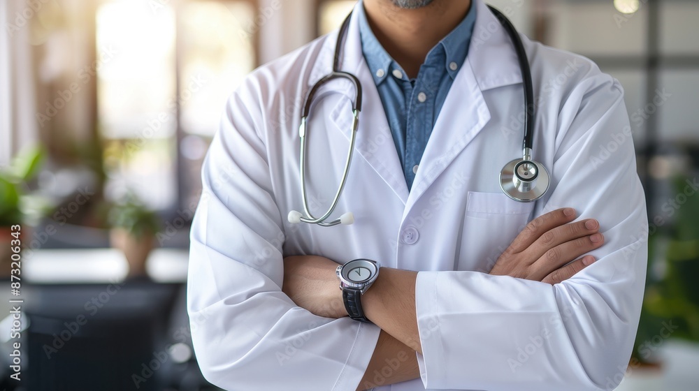 Doctor holding a stethoscope, hands crossed, high detail, realistic photo, illustration background Doctor holding a stethoscope, hands crossed, high detail, realistic photo, illustration background
