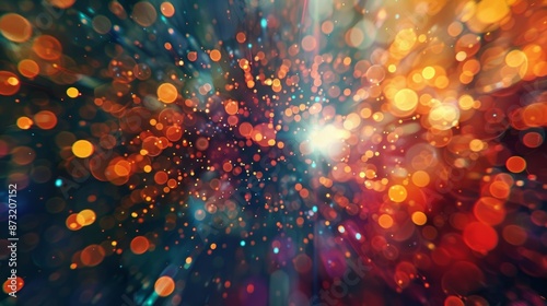 A comic bookstyle illustration showing the chaotic and unpredictable nature of supersymmetric particles through explosions of vibrant colors and shapes. photo