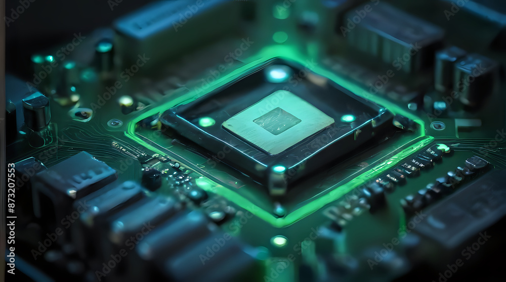 a close up of a computer motherboard with a green light a close up of a computer motherboard with a green light