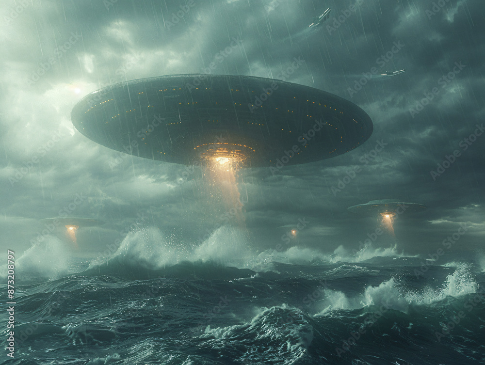 a futuristic scene of a UFO hovering over a body of water, surrounded by lightning, with rain falling, and the sky is dark and stormy.