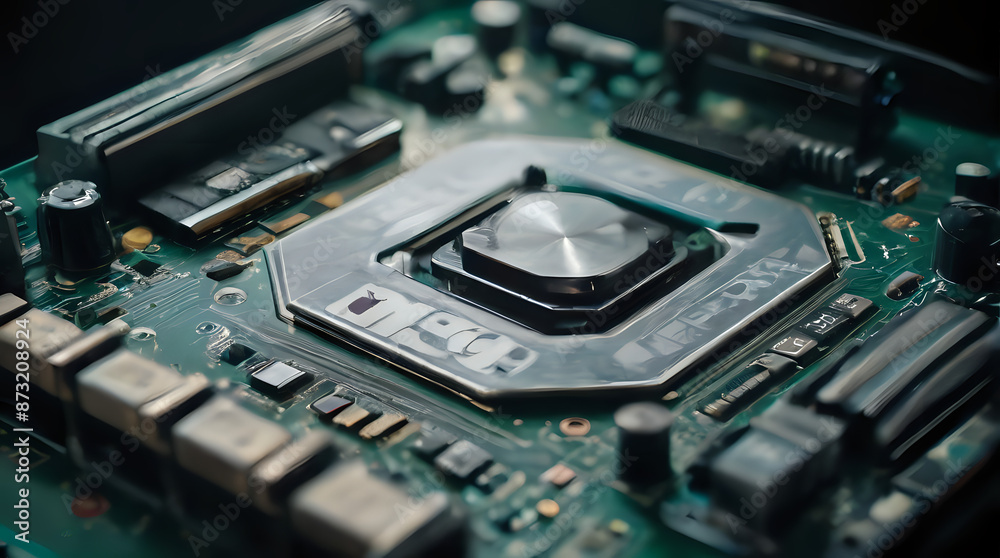 a close up of a motherboard with a cpu on top of it a close up of a motherboard with a cpu on top of it