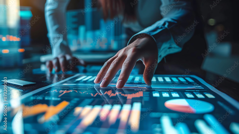 A businessman analyzing an economic growth graph with financial data, focusing on stock market investments. This scene encompasses financial and banking technology, as well as business strategy A businessman analyzing an economic growth graph with financial data, focusing on stock market investments. This scene encompasses financial and banking technology, as well as business strategy