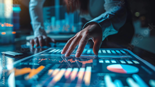 A businessman analyzing an economic growth graph with financial data, focusing on stock market investments. This scene encompasses financial and banking technology, as well as business strategy