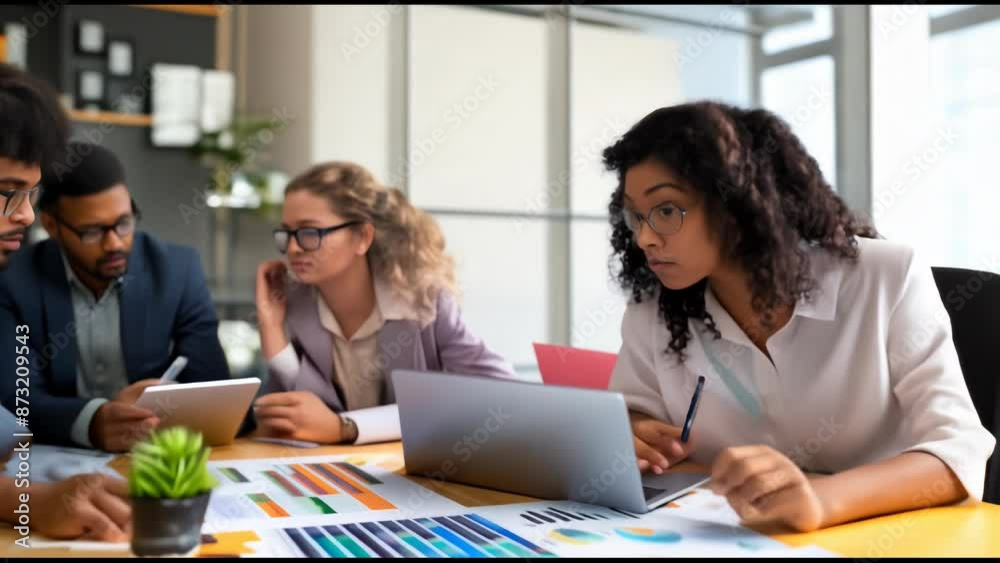 A bright and modern office environment depicts a group of business employees representing different ethnicities working on a project. The employees are surrounded by charts and laptops.. A bright and modern office environment depicts a group of business employees representing different ethnicities working on a project. The employees are surrounded by charts and laptops..