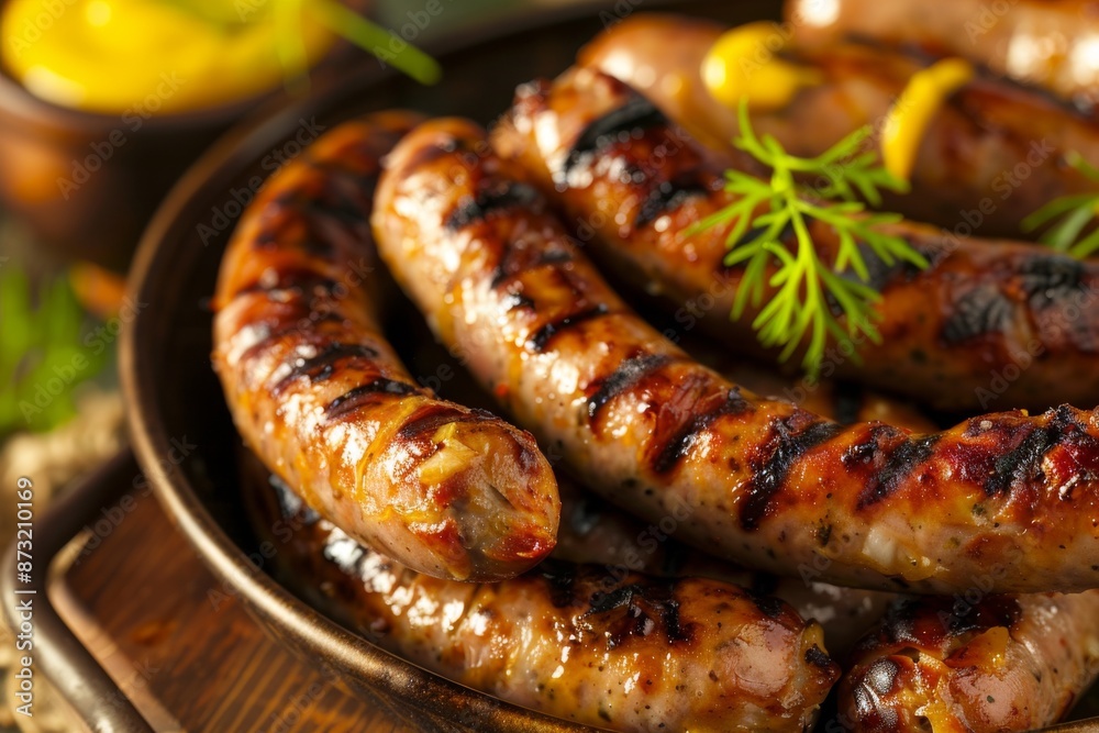 A close-up of a plate piled high with mouthwatering Bratwurst sausages, grilled to perfection and served with tangy mustard. A close-up of a plate piled high with mouthwatering Bratwurst sausages, grilled to perfection and served with tangy mustard.