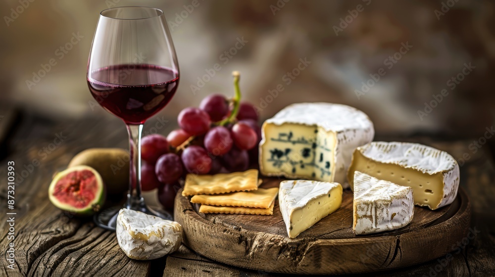 Cozy Evening Delights - Glass of Red Wine, Cheese Board with Assorted Cheeses and Fruits on Rustic Table Cozy Evening Delights - Glass of Red Wine, Cheese Board with Assorted Cheeses and Fruits on Rustic Table
