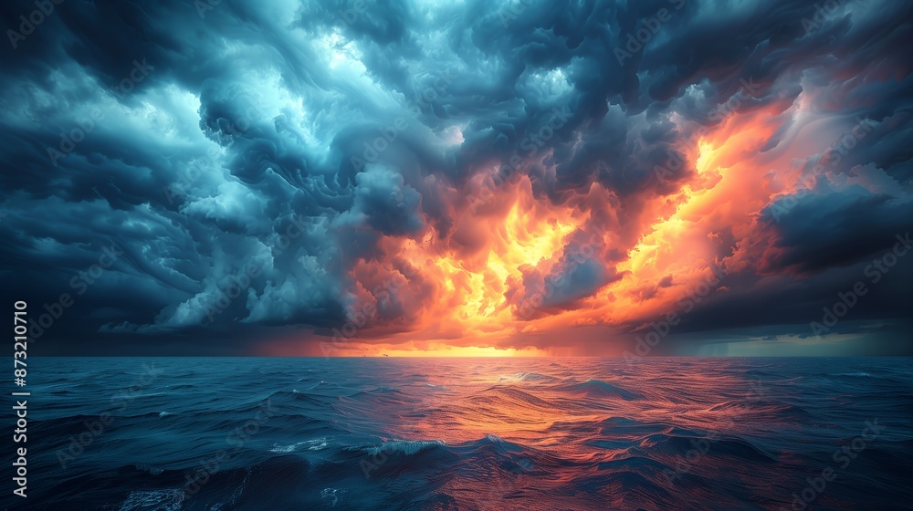 Fototapeta premium A powerful panoramic scene showcasing a dramatic stormy sky with dark, rolling clouds and lightning strikes illuminating the landscape. The image captures the intensity and raw energy of a storm