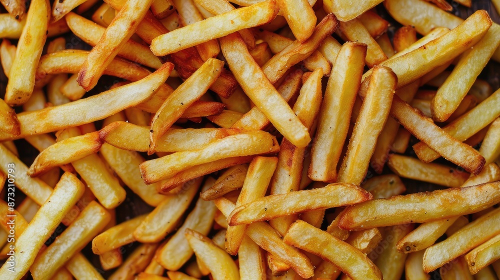 A close up of many french fries. The fries are golden brown and appear to be freshly cooked