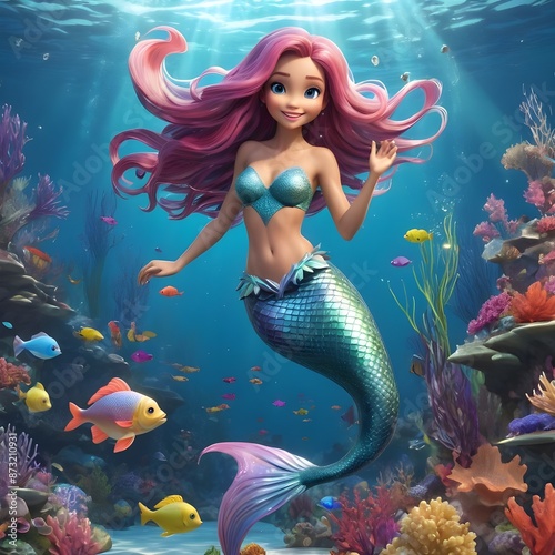 A 3D cartoon mermaid with flowing hair and a sparkling tail, swimming underwater with colorful fish. 