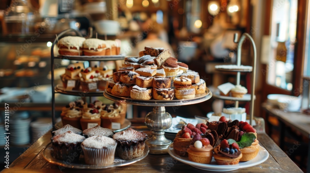 Naklejka premium Delightful Spread of Pastries and Cakes on Vintage Cafe Table