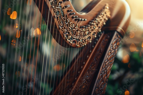 A close-up of a traditional Irish harp, beautifully carved and adorned with Celtic symbols photo