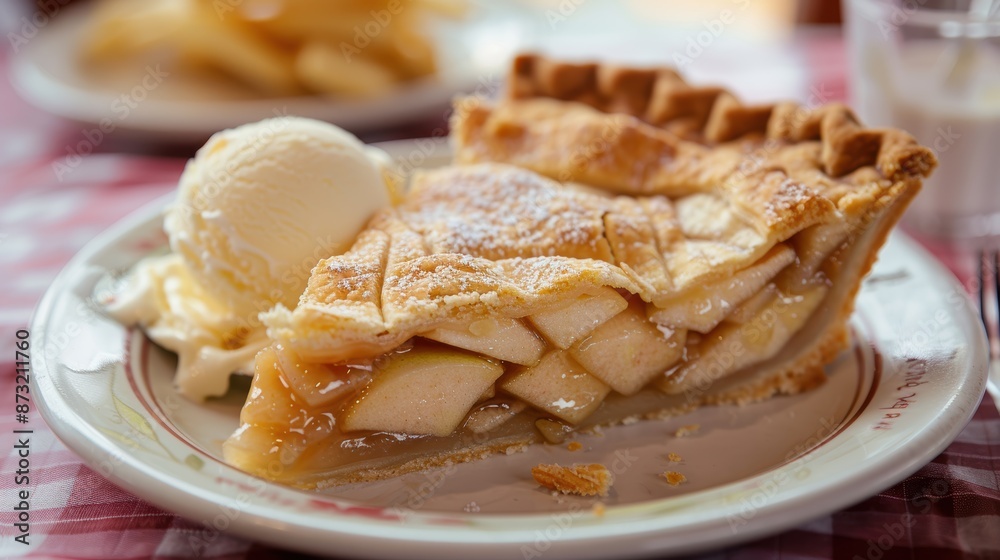 Cozy Diner Delights: Apple Pie Slice with Vanilla Ice Cream in Homey Setting Cozy Diner Delights: Apple Pie Slice with Vanilla Ice Cream in Homey Setting