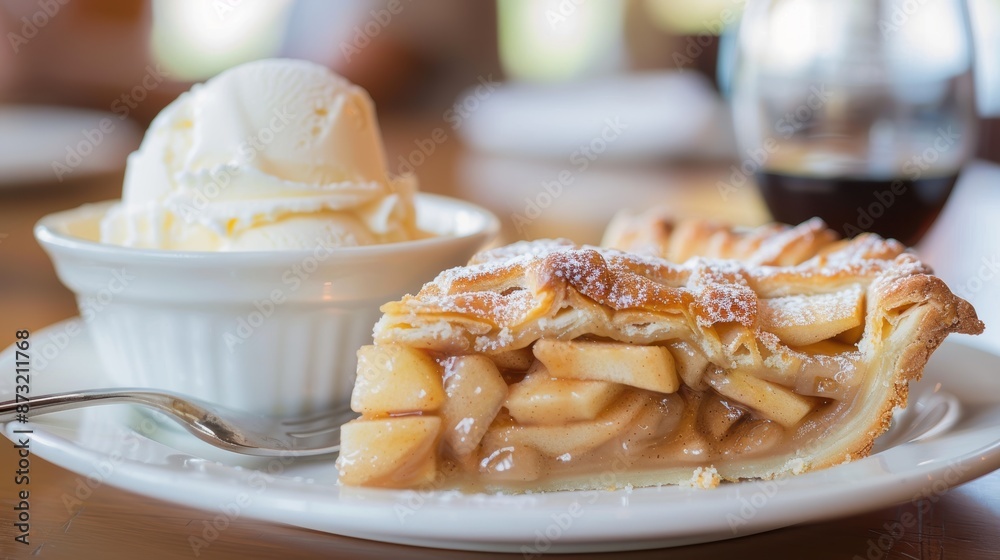 Cozy Diner Delight - Tempting Slice of Apple Pie with Vanilla Ice Cream in a Rustic Setting Cozy Diner Delight - Tempting Slice of Apple Pie with Vanilla Ice Cream in a Rustic Setting