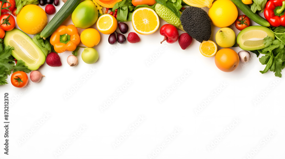 Vibrant Assortment of Fresh Fruits and Vegetables on White Background Vibrant Assortment of Fresh Fruits and Vegetables on White Background
