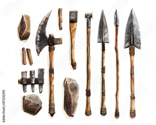 Primitive tools and weapons of Stone Age humans photo