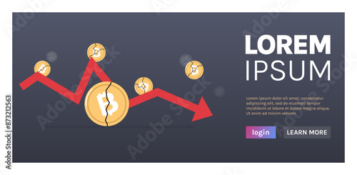 Cryptocurrency downward arrow and falling crash bitcoin price collapse crypto loss investment risk crisis flat vector illustration.	
