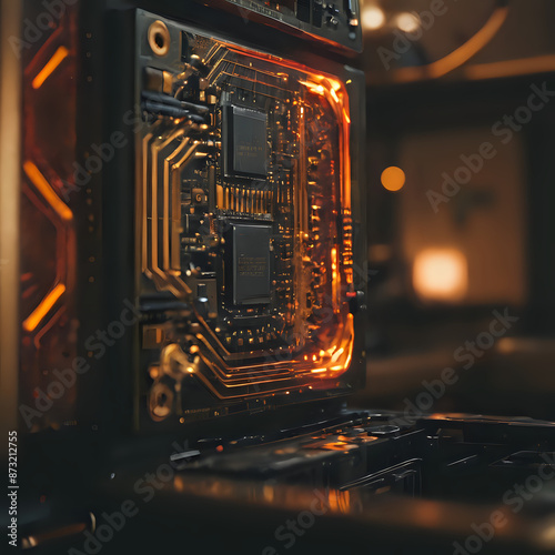 a close up of a computer motherboard with a glowing circuit board photo