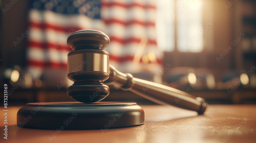 A wooden gavel rests on a desk in a courtroom, with a blurred American flag in the background. A wooden gavel rests on a desk in a courtroom, with a blurred American flag in the background.