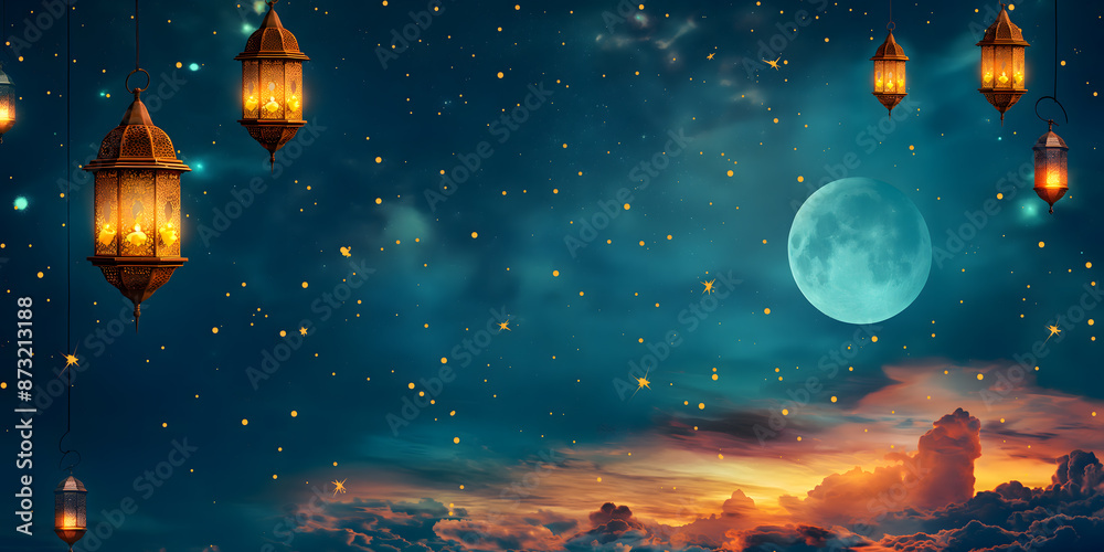 Enchanting Ramadan Night with Illuminated Lanterns and Moonrise Enchanting Ramadan Night with Illuminated Lanterns and Moonrise