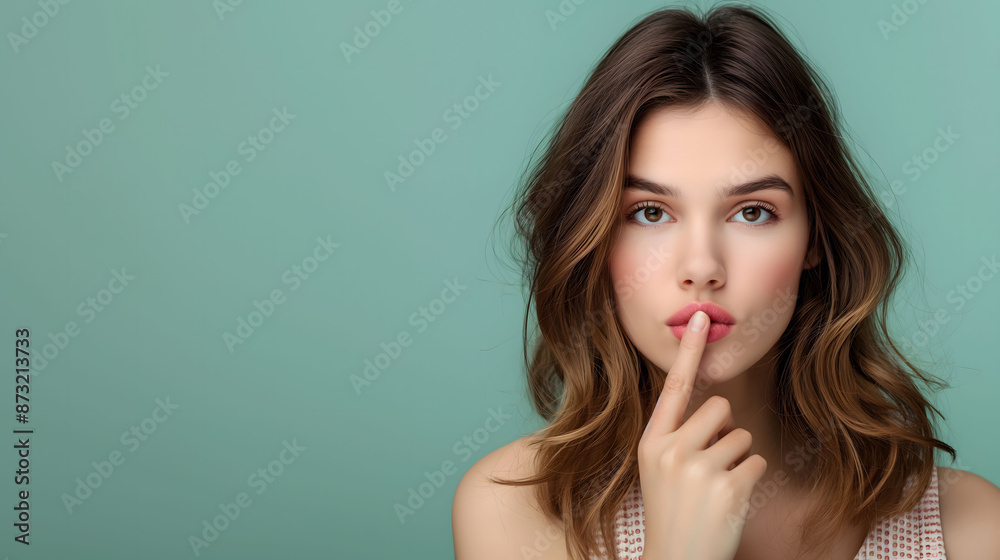 Young Woman Gesturing Silence with Finger on Lips Against Blue Background Young Woman Gesturing Silence with Finger on Lips Against Blue Background