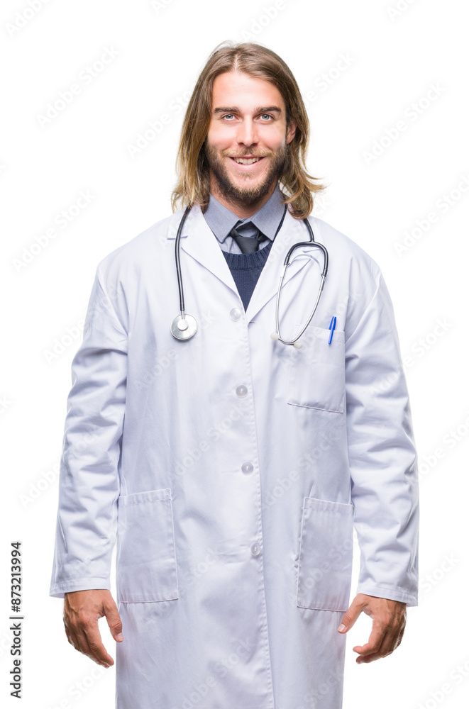 Young handsome doctor man with long hair over isolated background with a happy and cool smile on face. Lucky person. Young handsome doctor man with long hair over isolated background with a happy and cool smile on face. Lucky person.