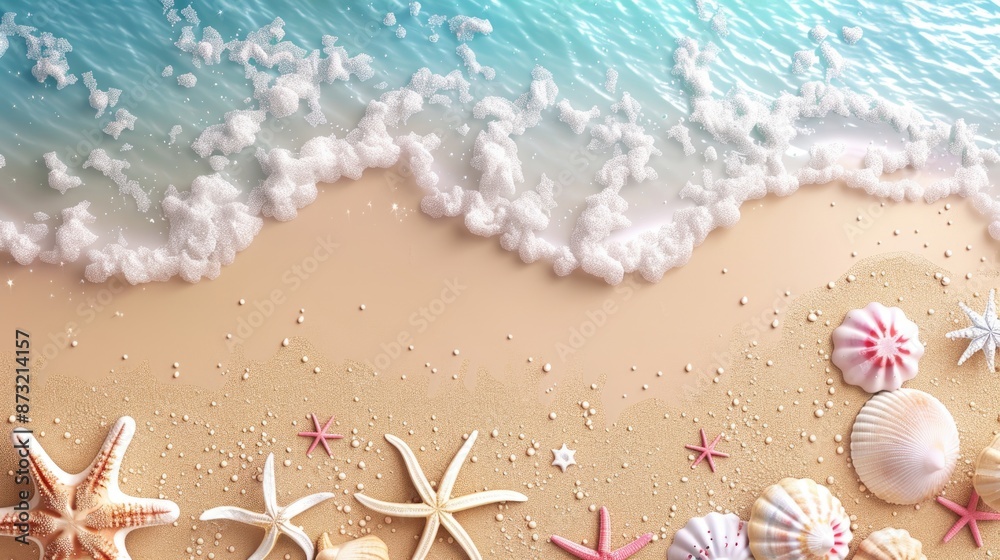 Serene Beach Shoreline with Starfish and Shells on Golden Sand Serene Beach Shoreline with Starfish and Shells on Golden Sand