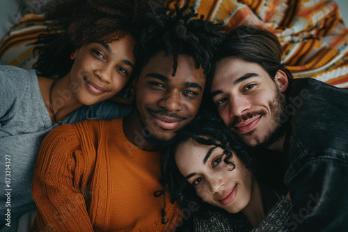 Four friends people lovers embracing lying together in bed. Friendship, happiness togetherness. Ethical non-monogamy polyamory relationship concept