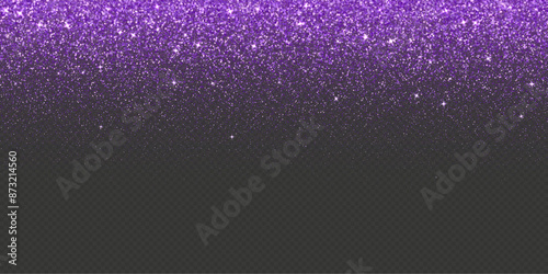 Purple falling glitter, shiny confetti with glowing sparkles, shimmer spray effect, festive holiday particles isolated on a dark background. Vector illustration.
