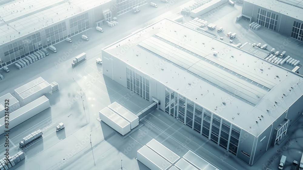 A minimalistic B2B aerial view of a complex logistics and distribution center, frosted glass texture, white background, sleek and modern design, simplified structures, clean lines, ample whitespace, p A minimalistic B2B aerial view of a complex logistics and distribution center, frosted glass texture, white background, sleek and modern design, simplified structures, clean lines, ample whitespace, p