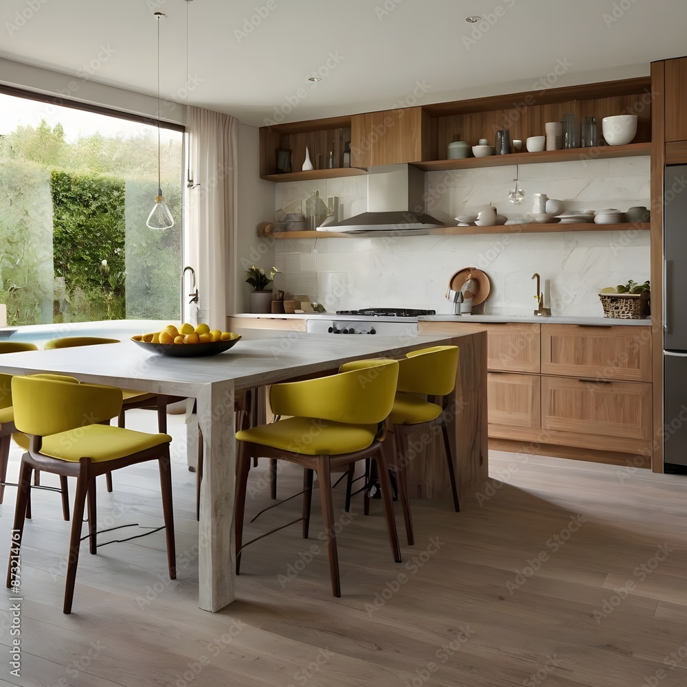 Design a contemporary open-plan living area that combines the kitchen, dining, and living spaces. Use a neutral color palette with pops of color in the decor. Design a contemporary open-plan living area that combines the kitchen, dining, and living spaces. Use a neutral color palette with pops of color in the decor.