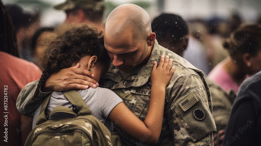 Military officer embraces tearful wife and child on airfield before long farewell Military officer embraces tearful wife and child on airfield before long farewell