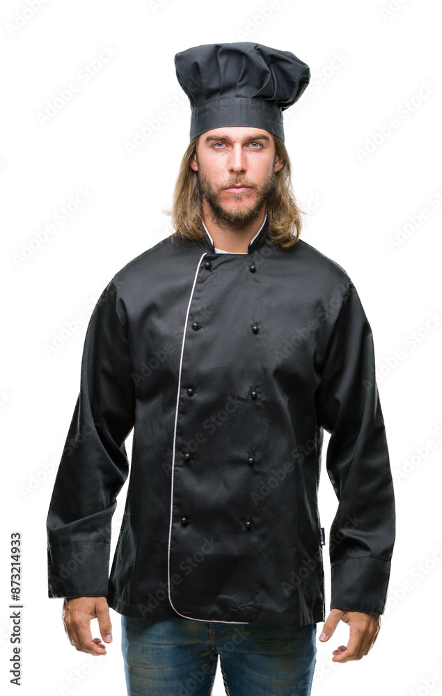 Young handsome cook man with long hair over isolated background with serious expression on face. Simple and natural looking at the camera. Young handsome cook man with long hair over isolated background with serious expression on face. Simple and natural looking at the camera.
