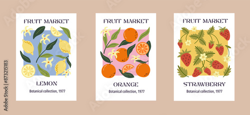 Collection of abstract prints contemporary art. Summer hand drawn fruits. Strawberry, lemon and orange. Modern design for posters, cards, prints.