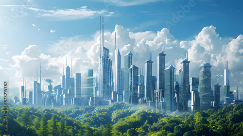 Futuristic city skyline with smart buildings and renewable energy 