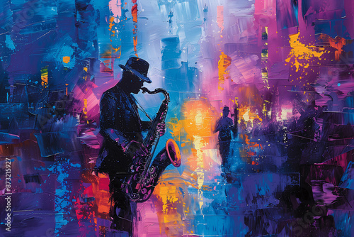  Jazz concept with city light background, broad brushstrokes, vivid and expressive abstract painting.
