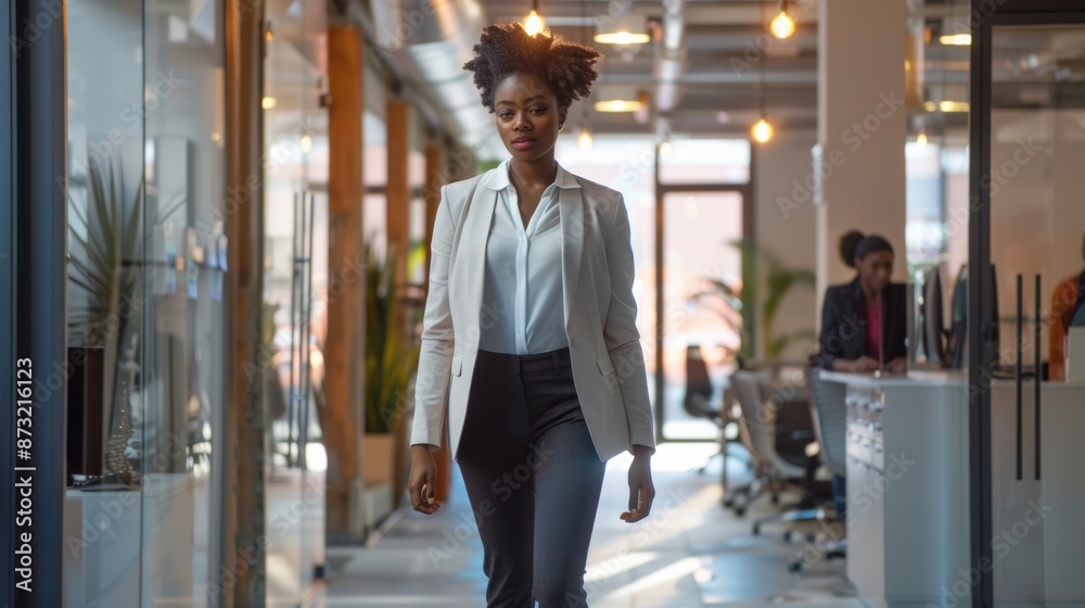 © venusvi - Black business professional walking towards team members in a contemporary office environment