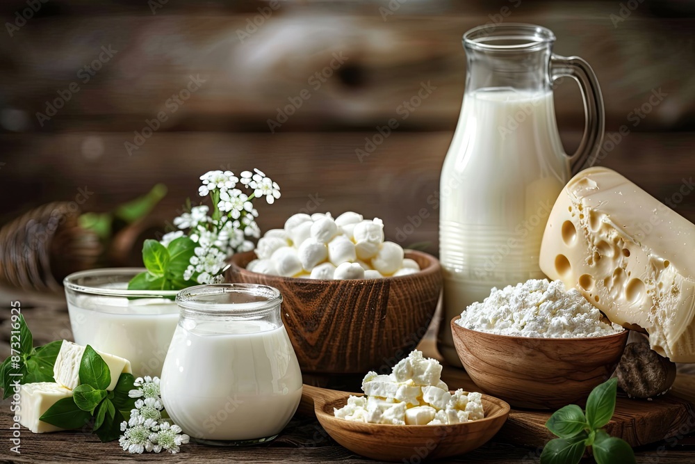 A table with a variety of dairy products including milk, cheese, and butter. The table is set with a few bowls and a vase of flowers A table with a variety of dairy products including milk, cheese, and butter. The table is set with a few bowls and a vase of flowers