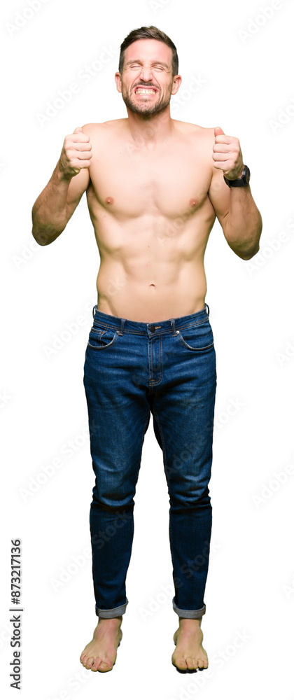 Handsome shirtless man showing nude chest excited for success with arms raised celebrating victory smiling. Winner concept. Handsome shirtless man showing nude chest excited for success with arms raised celebrating victory smiling. Winner concept.