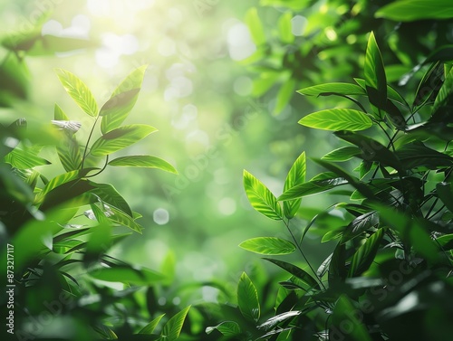 Lush green foliage with soft sunlight, natural and refreshing, calming and peaceful, suitable for presentations, posters, and banners, high resolution, photorealistic 